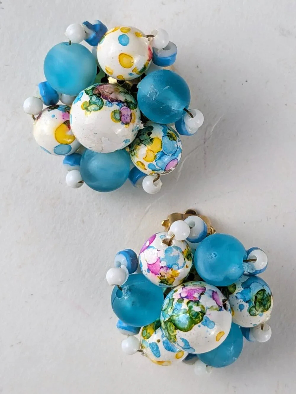 Vintage Blue/White Speckled Beaded Clip-On Earrings